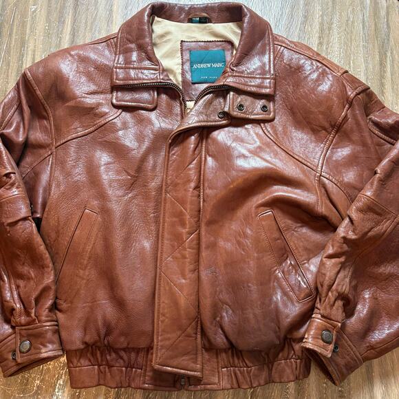 Vintage Andrew Marc Brown Leather Men's Medium Heavy Jacket - Distressed - Picture 1 of 11